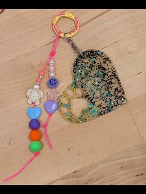 Glitter Heart Keychain with Bead Charm - Pink & Multicolor